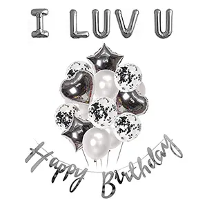 Happy Birthday Cursive Banner and I luv u 5 pcs alfabet Silver Decoration Set with 14 pcs Silver Bunch