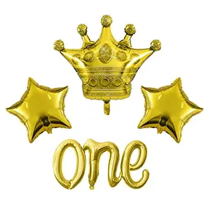 Gold One Foil Balloon Set with Star and Crown Balloon for Use Birthday Anniversary Party Decoration