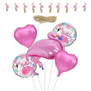 15pcs Flamingo Theme Decoration Set With Round Foil Balloon and Photo Clip For Birthday Decor