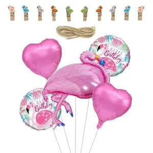 15pcs Flamingo Theme Decoration Set With Round Foil Balloon and Multicolor Photo Clip For Birthday Decor