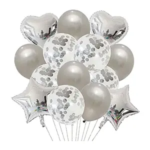 Colorful 14pcs Silver Balloon with Heart Star Confetti and Latex Balloon Set for Wedding Decoration Birthday Party Decorations Kids Adults Balloons (Silver)