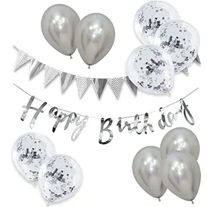Happy Birthday Cursive Banner with Silver Bunting and Silver Confetti Latex Balloons