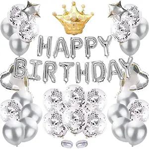 Silver Party Decorations SetHappy Birthday Confetti Balloons with CrownStar Heart Foil Balloons for Birthday Supplies (Pack of 36)