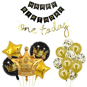 Birthday Party Decoration Kit with One Today Happy Birthday BannerCrown Round Foil Star Foil and Latex Confetti Balloon Pack of 17