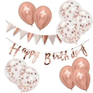 Happy Birthday Cursive Banner with Rose Gold Zig Zag and Rose Gold Confetti Latex Balloons
