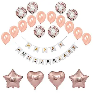 Happy Anniversary White Banner Set With Star and Heart Foil With Latex & Confetti Balloon set of 15