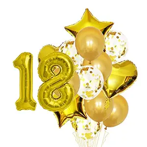 18th Number balloon With 18 Digit Balloon for Including Gold Latex star heart and Confetti Balloons