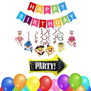 Birthday Theme Decoration with Happy Birthday Banner Latex Balloon Party Arrow Foil and Shark Hanging Swirls Set of 44