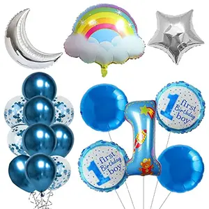1st Birthday Baby Boy Decoration Kit Blue 1 Number with Round Shape Foil Ballon and Confitteewith Silver MoonStar and Multicolor Rainbow (Pack of 18)