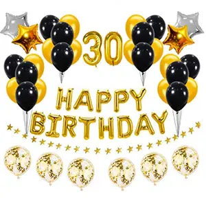 Golden and Black 30th Birthday Party Decorations Set- Gold Happy Birthday BannerFoil Number Balloons Latex Balloons and More for 30 Years Old Brithday Party Supplies