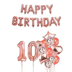10th Year Birthday Party Decorations Rose Gold Supplies Big Set with Happy Birthday Balloons Banner and 10 Digit Balloon for Including Latex Star Heart and Confetti Balloons