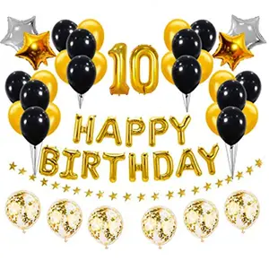 Golden and Black 10th Birthday Party Decorations Set- Gold Happy Birthday BannerFoil Number Balloons Latex Balloons and More for 10 Years Old Brithday Party Supplies