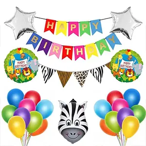 Happy Birthday Theme Decoration with Zebra Face Banner Balloon Triangle Set for 1st2nd3rd4th5th6th Birthday