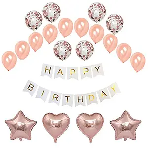 Happy Birthday White Banner with 14 pcs Rose Gold Balloon Including Star and Heart Foil Balloon 5pcs Latex & 5 pcs Confetti Balloon Set