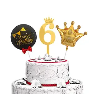 6th Birthday Cake Decorations Gold Supplies Big Set with Black Happy Birthday Cake Topper One Gold Crown Balloon and 6 Digit Cake Topper