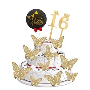 16th Birthday Cake Decorations Gold Supplies Big Set with Black Happy Birthday Cake Topper 12 Butterfly Cake Topper and 16 Digit Cake Topper