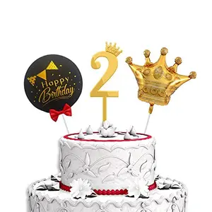 2nd Birthday Cake Decorations Gold Supplies Big Set with Black Happy Birthday Cake Topper One Gold Crown Balloon and 2 Digit Cake Topper
