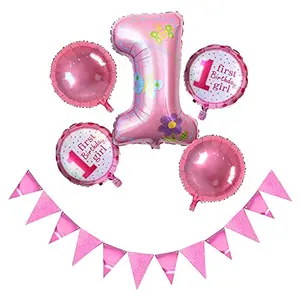 First Birthday Girls Decoration Set with Round Foil Balloon and Bunting Banner (Set of 6)