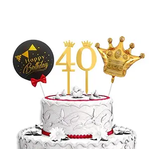 40th Birthday Cake Decorations Gold Supplies Big Set with Black Happy Birthday Cake Topper One Gold Crown Balloon and 40 Digit Cake Topper