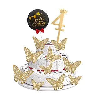 4th Birthday Cake Decorations Gold Supplies Big Set with Black Happy Birthday Cake Topper 12 Butterfly Cake Topper and 4 Digit Cake Topper