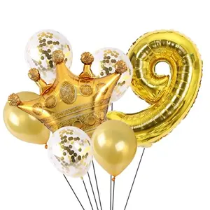 Gold 9 Digit Number foil Balloon with Crown Foil Confetti and Latex Balloon for Birthday Anniversary Balloon Set of 12