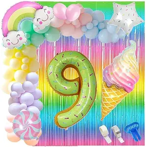9 Number Ice Cream Balloon Garland Kit 60 Pcs Pastel Balloons Rainbow Ice Cream Curtains ArchGlue Dot Party Balloons Birthday And Ice Cream Theme Party Decorations (9 NUMBER)