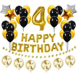 Golden and Black 4th Birthday Party Decorations Set- Gold Happy Birthday BannerFoil Number Balloons Latex Balloons and More for 4 Years Old Brithday Party Supplies