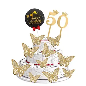 50th Birthday Cake Decorations Gold Supplies Big Set with Black Happy Birthday Cake Topper 12 Butterfly Cake Topper and 50 Digit Cake Topper