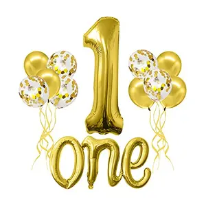 Gold Ist Number Balloon with One Letter Confetti and Latex Balloon for Use of Birthday and Annivarsery Party Decoration