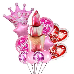 Valentine's Day 14pcs Lipstick and Crown Shape foil Balloon with Star Round Shape Balloon with Pink Balloon and Confittee for Makeup Theme Party and Birthday Party Decoration