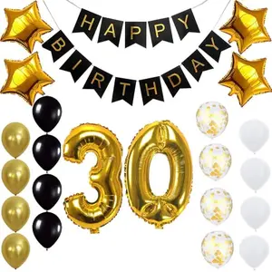 Gold 30th Birthday Decoration Kit With Banner Star Latex and confetti Balloon Set of 23