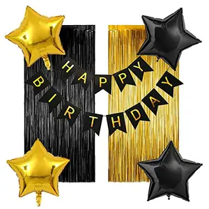Black and Gold Happy Birthday Banner with Star Foil Balloon and Back Drop Curtain Foil for18th21st 25th30th40th50th Party Decoration