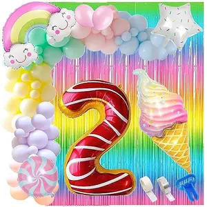 2 Number Ice Cream Balloon Garland Kit 60 Pcs Pastel Balloons Rainbow Ice Cream Curtains ArchGlue Dot Party Balloons Birthday And Ice Cream Theme Party Decorations (2 NUMBER)