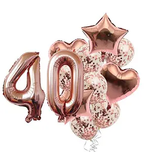 40th Number Balloon with 40 Digit Balloon for Including Star Heart and Confetti Balloons (40 Year 10 Pcs Balloon Set Rose Gold)
