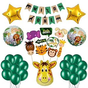 Giraffe Jungle Theme Decoration with Wild One BannerPropsRound and Star Foil Balloon Set