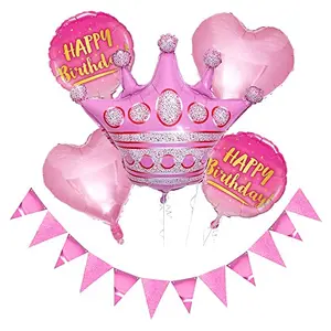 Pink Happy Birthday Crown with Pink Heart Foil Happy Birthday Pink Printed Balloons 6 pcs Set