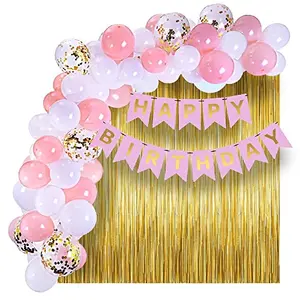 Pink Birthday Banner Party Decorations Kit Gold ConfettiWhite and Pink Balloons ArchGlue Dot and Gold Curtains for Boys Girls Men Women Birthday Party Decoration (pink)