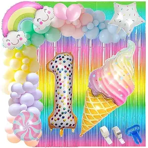 1 Number Ice Cream Balloon Garland Kit 60 Pcs Pastel Balloons Rainbow Ice Cream Curtains ArchGlue Dot Party Balloons Birthday And Ice Cream Theme Party Decorations (1 NUMBER)