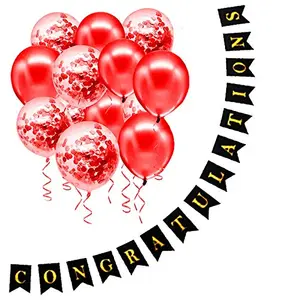 Pack of 11 Pcs Black Congratulation Banner with Red Confetti Balloons for Birthday Decoration Items & Latex Balloon