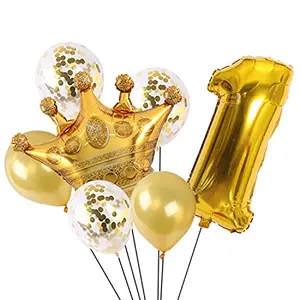 Gold 1 Digit Number foil Balloon with Crown Foil Confetti and Latex Balloon for Birthday Anniversary Balloon Set of 12