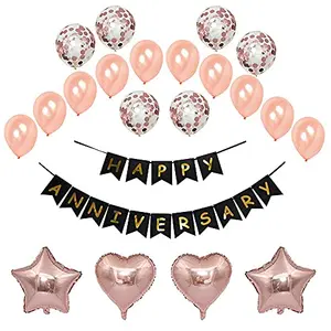 Happy Anniversary Black Banner Set with Star and Heart Foil with Latex & Confetti Balloon Set of 15