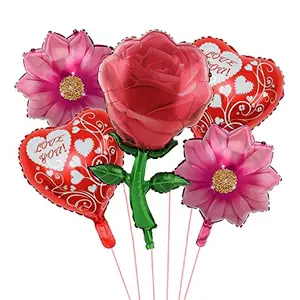 5pcs Rose Love You Theme Decoration with Rose Flower Heart Foil Balloon for Birthday Decor