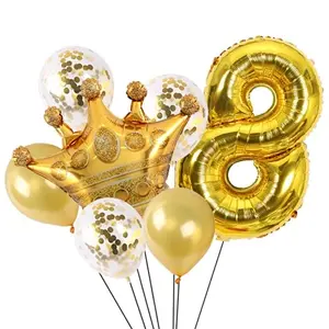 Gold 8 Digit Number foil Balloon with Crown Foil Confetti and Latex Balloon for Birthday Anniversary Balloon Set of 12