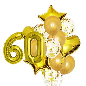 Gold 60th Birthday Party Decorations with Star Foil Confetti and Latex Balloons Heart Foil and 60 No. Foil Pack of 16