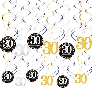 30th Birthday Party Decoration 12 Packs Black Gold Silver Hanging Foil Spiral Swirl Ceiling for 30 Years Old Birthday Anniversary Party Supplies