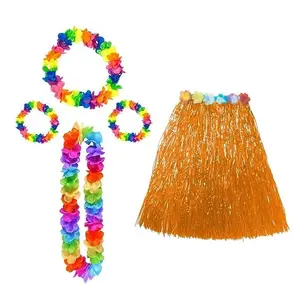 Elastic Hawaiian Hula Grass Orange Skirt with Flower Costume Set for Party Beach Dance Fancy Dress Multicolor