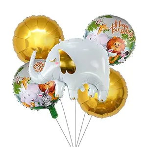5pcs Elephant Shaped Foil Mylar with Round Printed and Gold Round Shape Balloons for Baby Shower Kids' Boys Woodland Animals Theme Birthday Party Supplies Decorations
