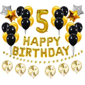Golden and Black 5th Birthday Party Decorations Set- Gold Happy Birthday BannerFoil Number Balloons Latex Balloons and More for 5 Years Old Birthday Party Supplies