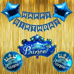 Prince Foil Balloon Set with Happy Birthday Banner and Gold Curtain for Decoration