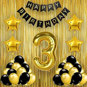Black Gold 3rd Birthday Party Decorations with Birthday Banner Star Latex Balloons Curtains and 3 Digit No. Set of 39 Supplies